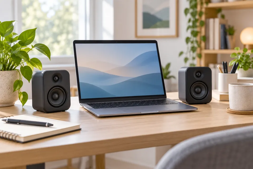 ¿Cómo los Parlantes Pueden Impactar en tu Productividad Laboral? Altavoces junto a un ordenador en un escritorio