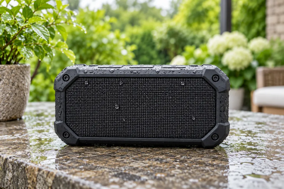 Los Parlantes Más Resistentes para Uso en Exteriores: ¡Hechos para Desafiar las Condiciones! Altavoz portátil sobre una mesa de terraza
