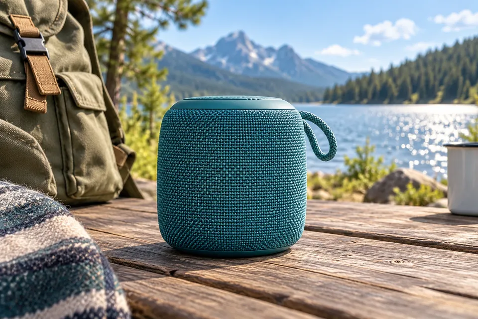 Parlantes Portátiles con Sonido de Alta Calidad: ¡Llévalos Contigo a Todas Partes! Altavoz portátil junto a una mochila frente a un lago